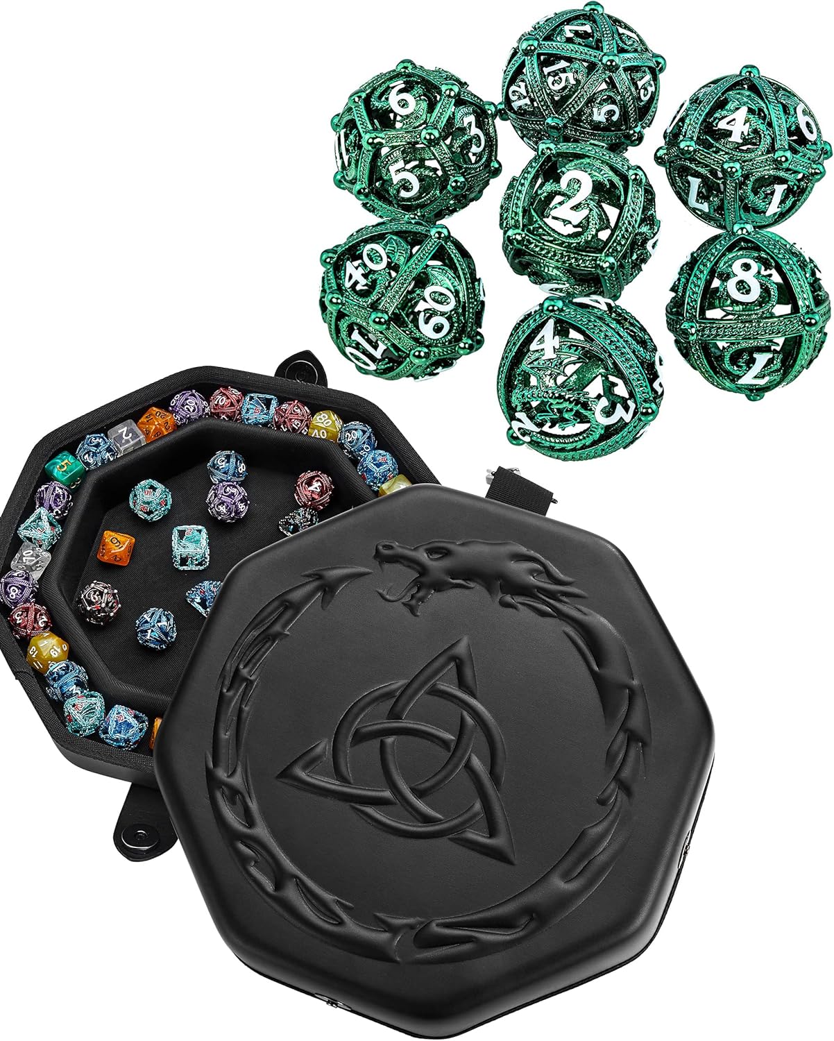 Premium Celtic Knot Dice Tray and Green Hollow orb dice