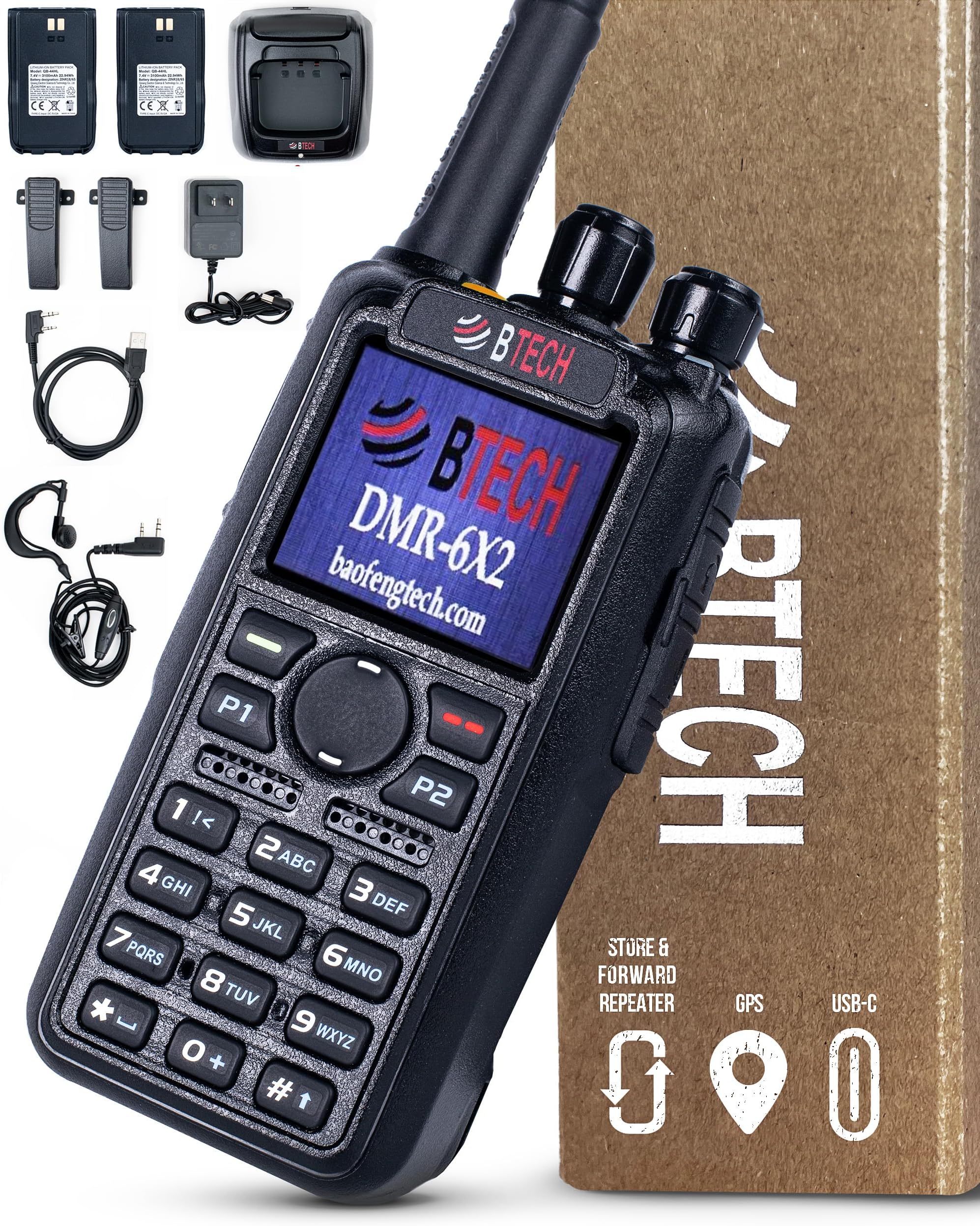 DMR-6X2 DMR & Analog Dual Band Two-Way Radio (USB-C Battery) – 7W VHF/UHF (136-174MHz & 400-480MHz), Encryption, GPS, Talker Alias, APRS, Voice Recording, includes Accessory Kit with 2 Batteries