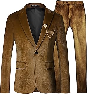 MAGE MALE Men's 2 Piece Velvet Suit One Button Tuxedo Slim Fit Luxurious Blazer Party Dinner Jacket & Pants