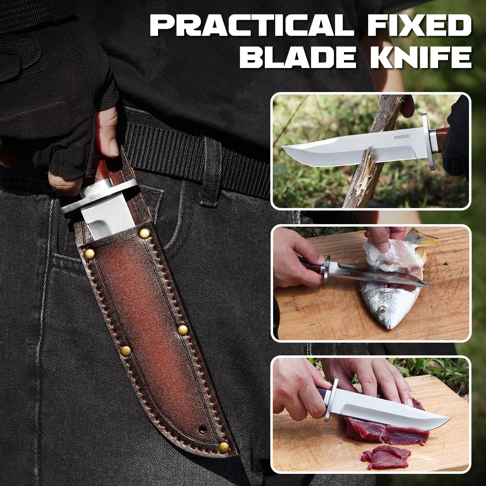 Omesio Coltello Da Caccia Outdoor, Lama Fissa — Include Fodero in Pelle, Realizzato Acciaio 5cr14mov — Manico Interamente in Legno — Adatto Per Il Campeggio e La Sopravvivenza Nella Natura Selvaggia