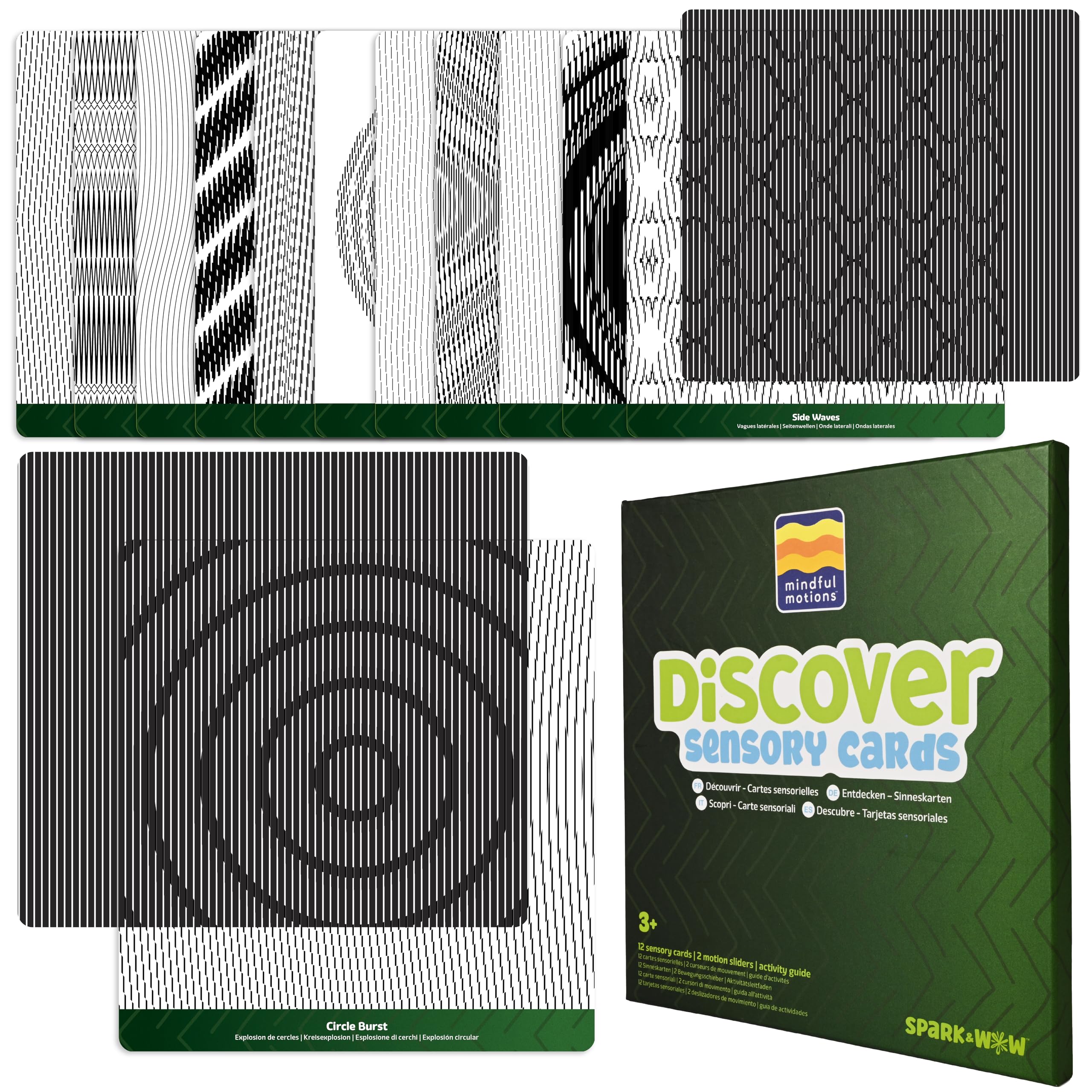 Mindful Motions Sensory Cards | Discover | 12 Dynamic Patterns | 2 Sliders | Calming Corner Items for Kids | Screen-Free Visual Sensory Toys