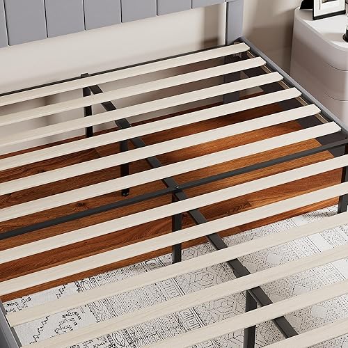 Miniatura 9 de VECELO Base de cama tapizada de tamaño matrimonial con cabecera ajustable copetuda, base de colchón, soporte de listones de madera, fácil montaje,
