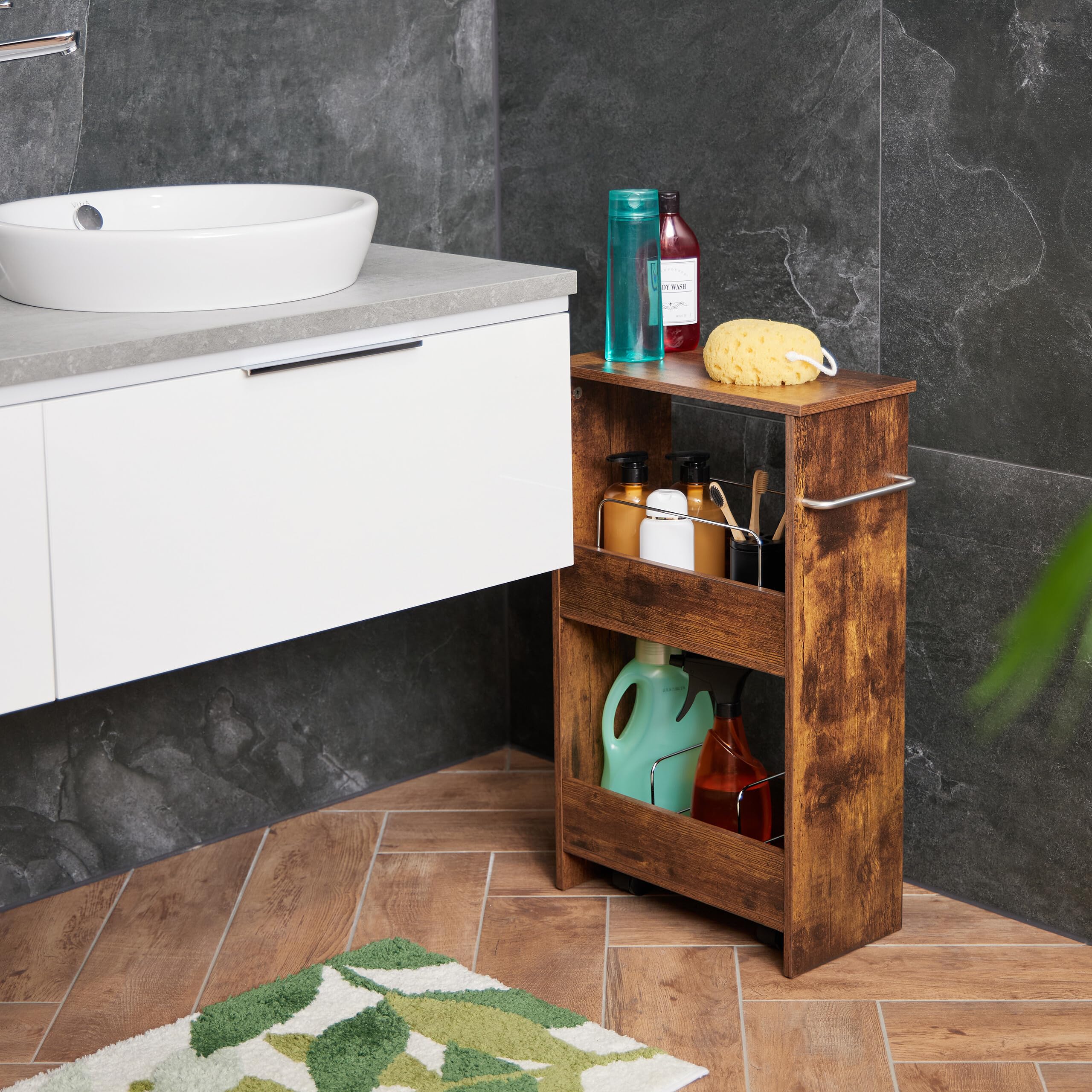 Relaxdays Carrello Stretto Salvaspazio, Carrellino Slim a 3 Ripiani per Cucina e Bagno, HxLxP 66,5 x 42 x 20 cm, Marrone