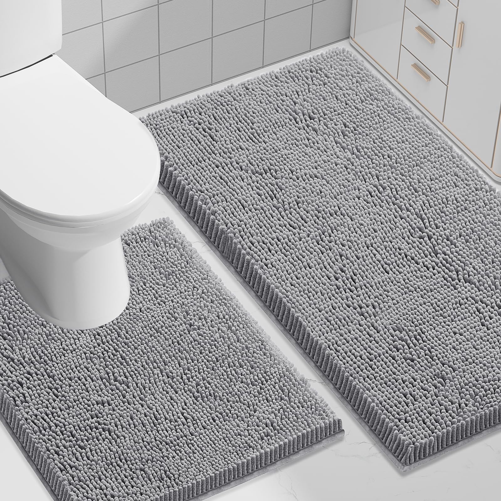 Smiry Chenille Bathroom Rugs Sets 2 Piece (30x20+ U Shape 24x20, Grey)