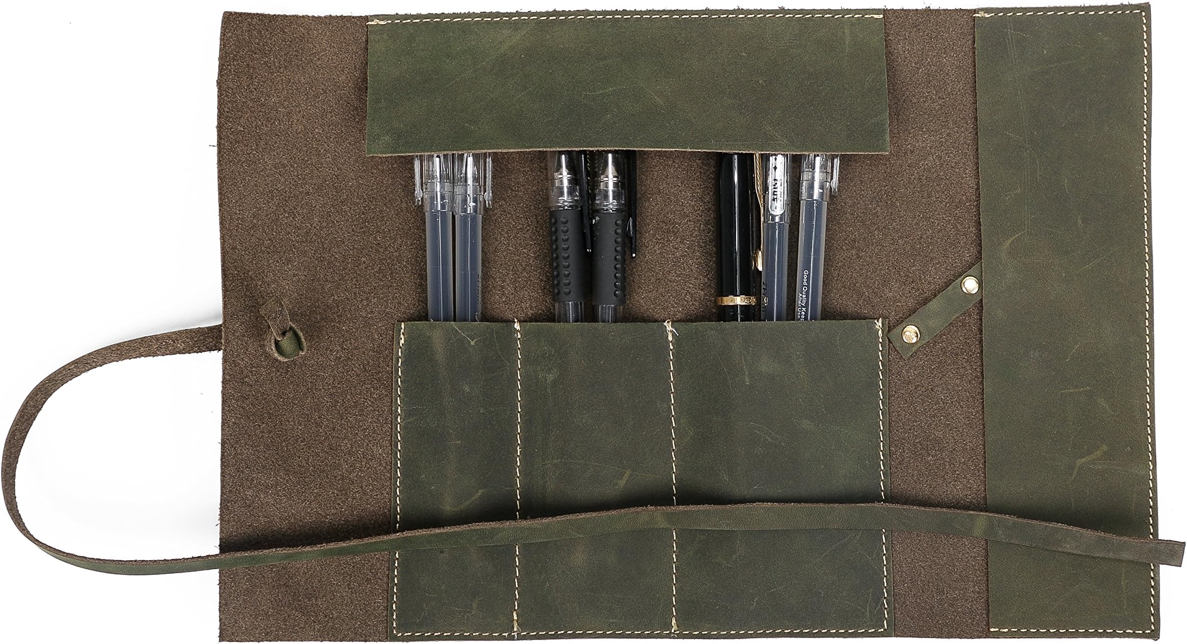 Handmade Genuine Leather Pencil Roll Pouch, Portable Pen Holders Protectors, Big Capacity Office & Work Essentials Pen Wrap Bag HGJ03-US Bronze