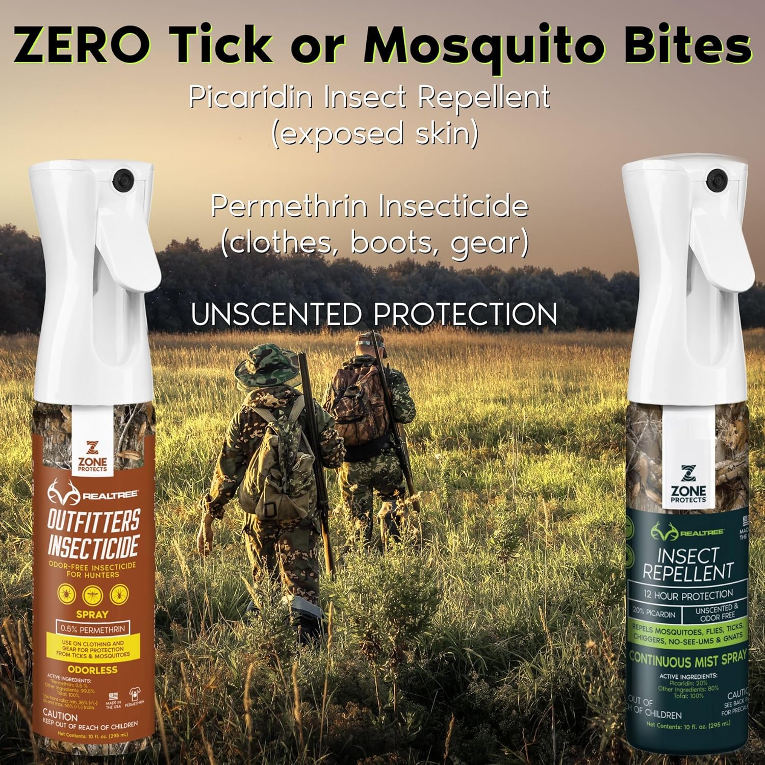 Zone Realtree Complete Bundle - 10oz Picaridin Insect Repellent & 10oz Permethrin Outfitter's Continuous Spray, 12-Hour Protection Against Ticks, Chiggers, Mosquitoes, (2) 10oz Bottles