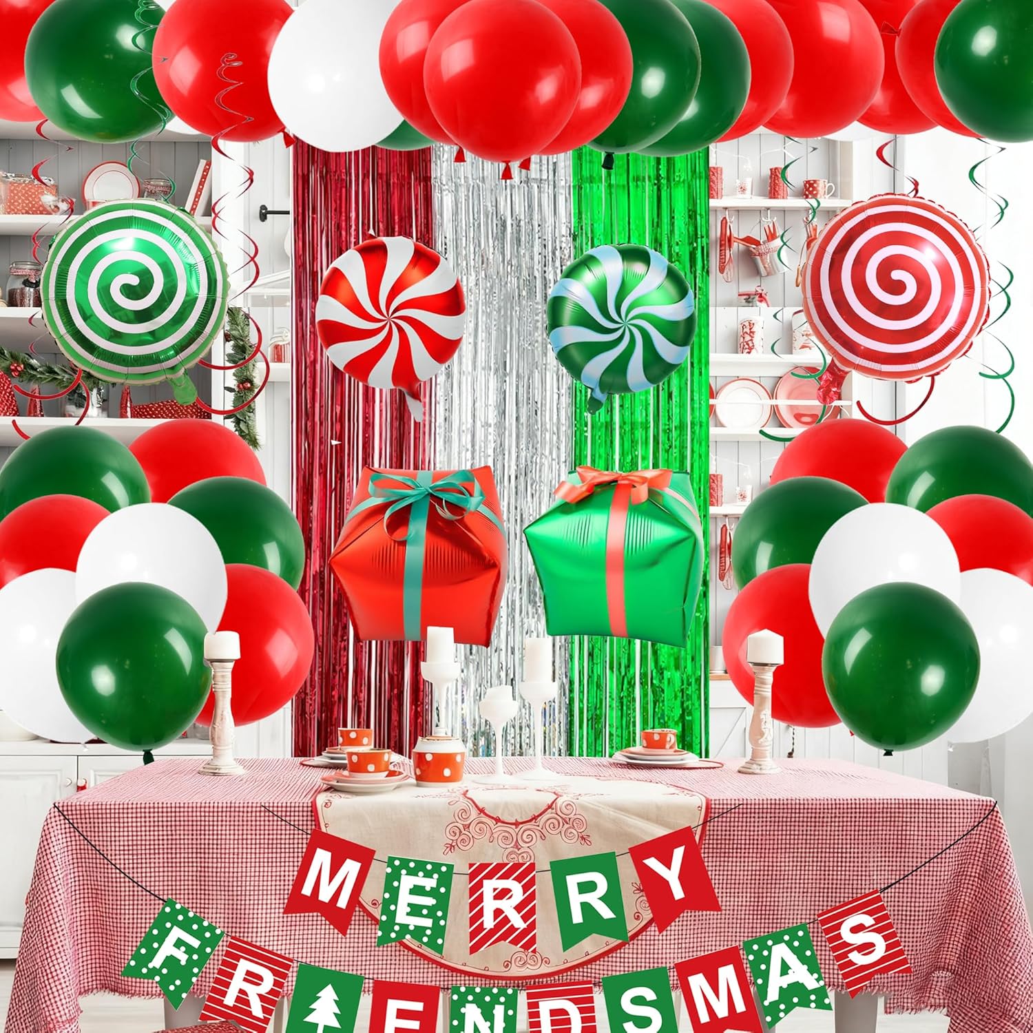 Holkcog Red Green Merry Friendsmas Banner, Red Christmas Party Decorations for Friendsmas, Friends Christmas Dinner Party Garland Banner Ballons Paper Fan Candies Holiday Party Supply Fireplace Decor