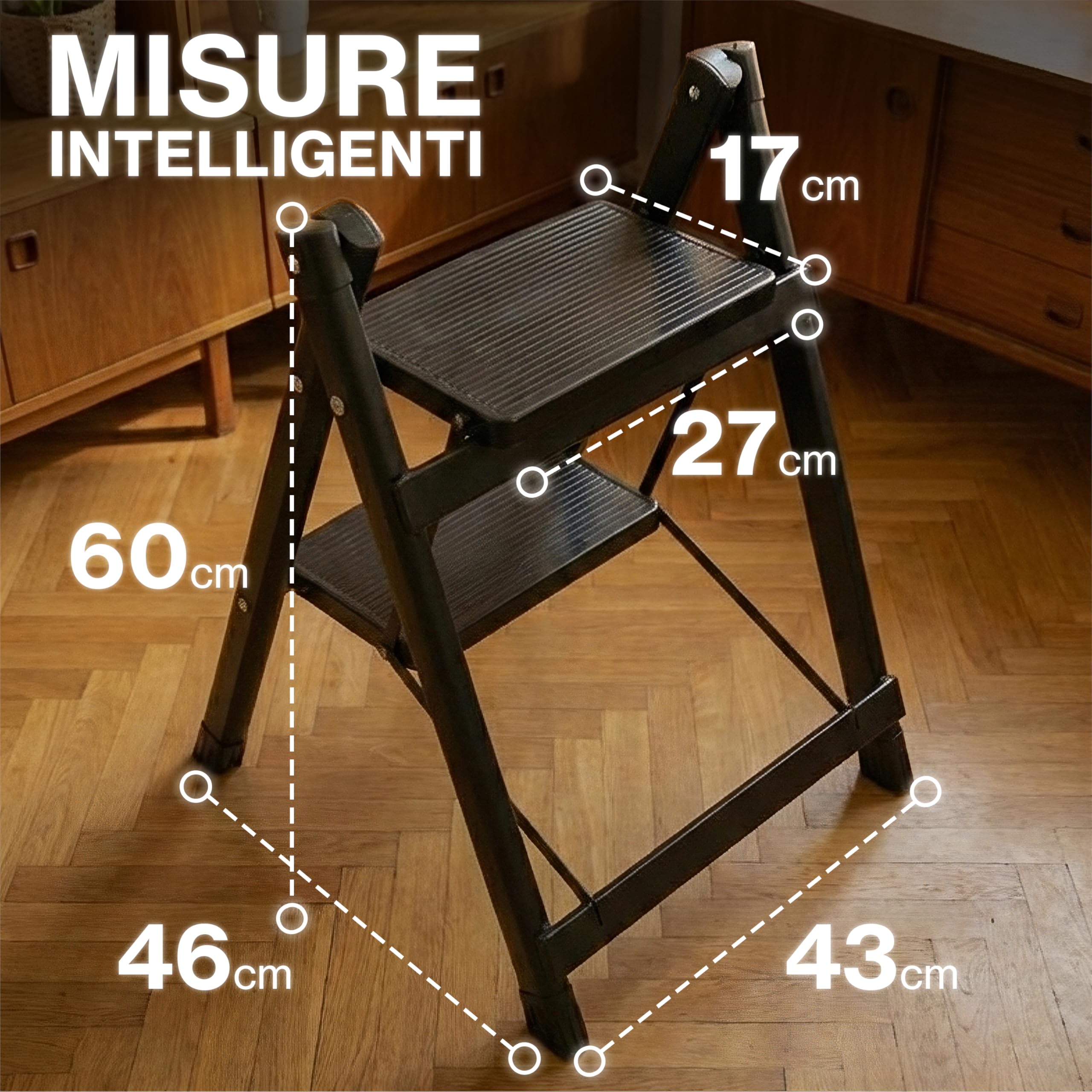 Sgabello Pieghevole in Acciaio al Carbonio e PP Rinforzato – Portata fino a 500 kg – Superficie Antiscivolo e Design Salvaspazio