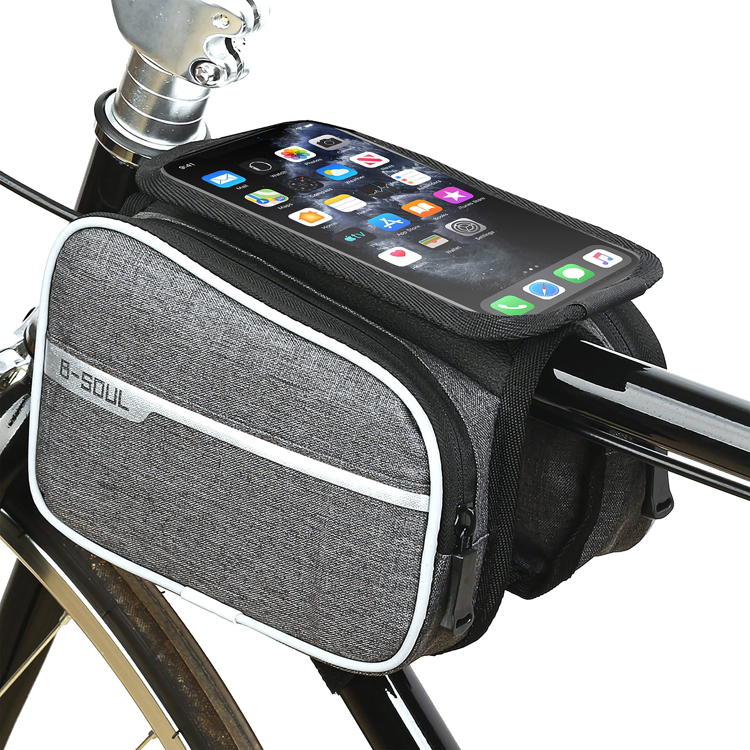 B-Soul Polyester Cycle Double Sided Front Frame Bag With Waterproof Touch Screen Bicycle Pouch Mobile Holder For All Phones Under 6.8 Inches (Grey). (B097FC5KP9) Amazon Price History, Amazon Price Tracker