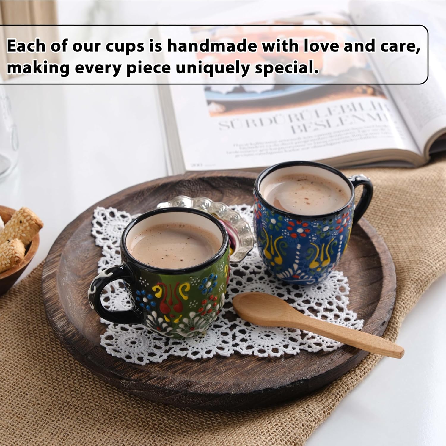 Espresso Cups Set of 2 | 4 oz Small Espresso Cups | Turkish Tea Cups | Demitasse Mugs with Handle | Modern Stackable Ceramic Espresso Mugs Set (Green/Blue) - Image 4