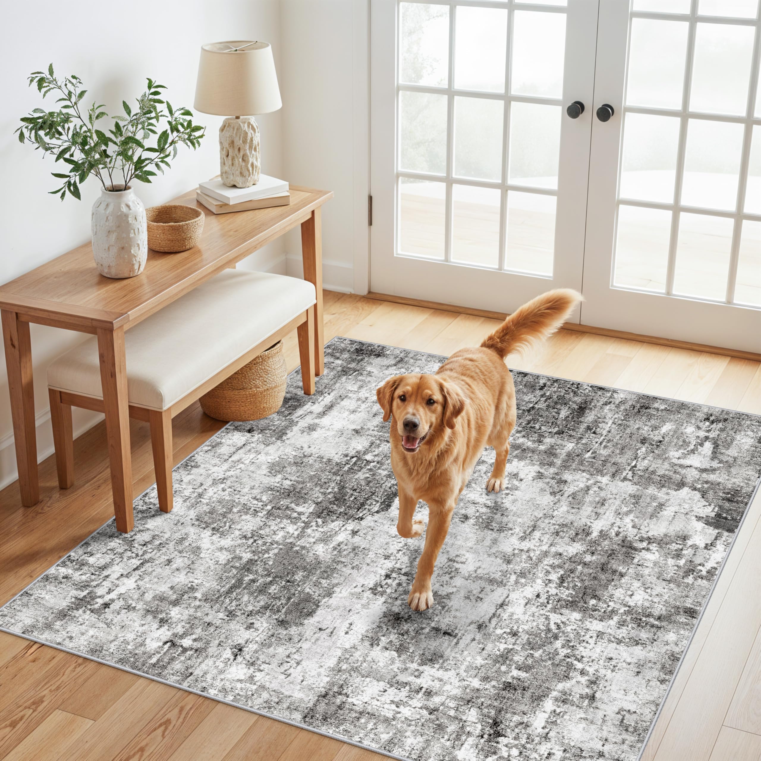 4x4 Square Entryway Rug Washable – Non-Slip Small Area Rug for Kitchen or Bathroom, Soft Low-Pile Indoor Mat, Modern Abstract Thin Door Carpet (Grey)