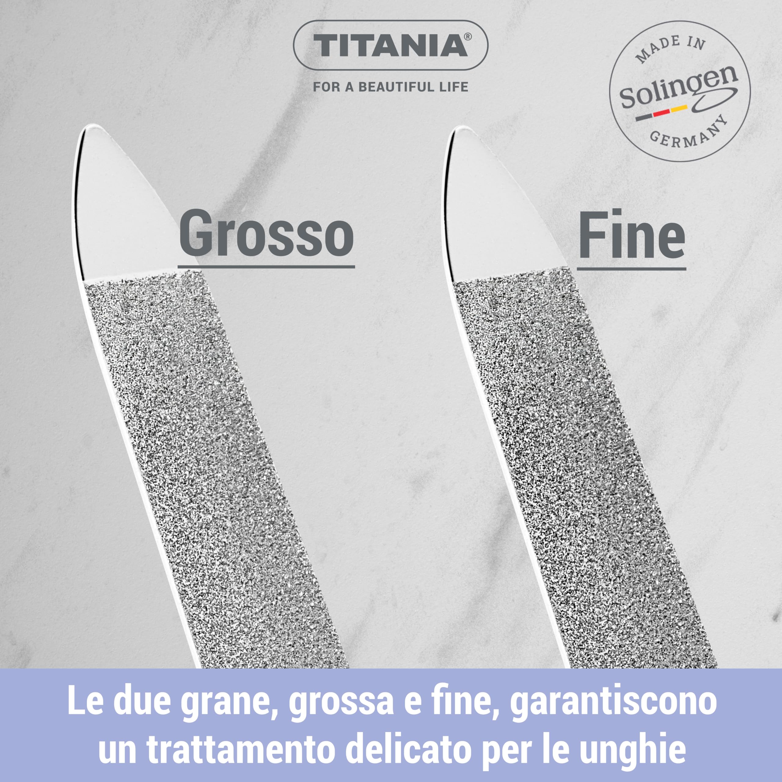 TITANIA® Solinger Saphir - Set di 4 lime per unghie professionali (12/15/17/20 cm) con manico bianco - Lima per unghie e unghie naturali - Lime di alta qualità per manicure e pedicure