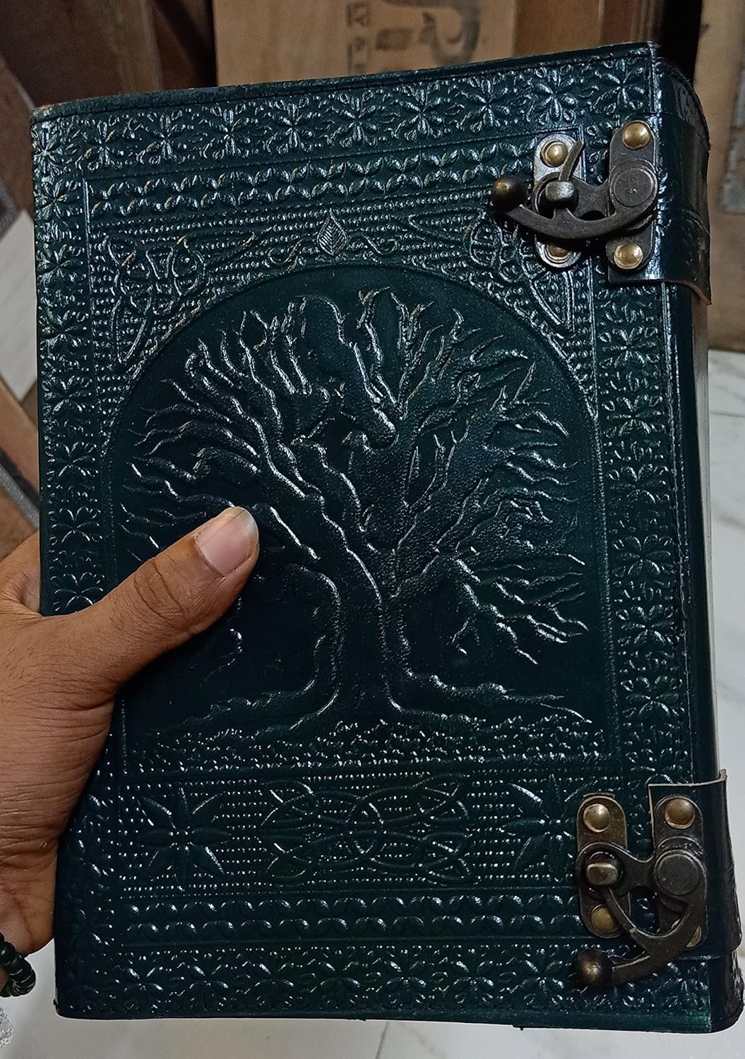 BBE 600 pages large tree of life journal | leather journal diary | embossed large tree of life notebook | writing leather notebook | handmade leather journal grimoire 7 x 10 (Dark Green)