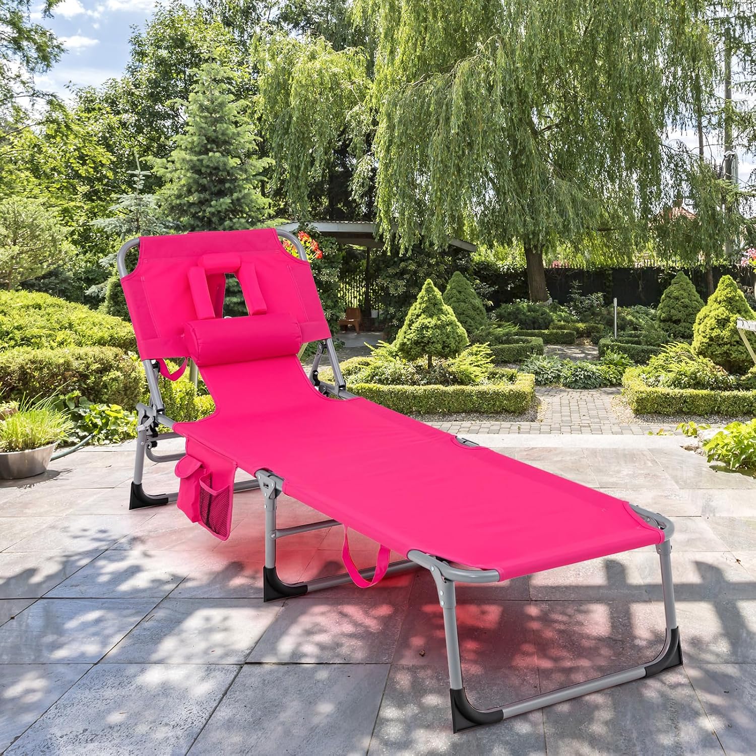 GYMAX Tanning Chair, Folding Beach Lounger with Face Arm Hole, Adjustable Backrest, Side Pocket, Pillow & Carry Handle, Outside Sunbathing Lounge Chair for Patio, Poolside, Lawn (1, Pink)