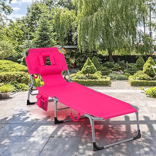 Miniatura 9 de GYMAX Silla bronceadora, tumbona de playa plegable con agujero para el brazo facial, respaldo ajustable, bolsillo lateral, almohada y asa de