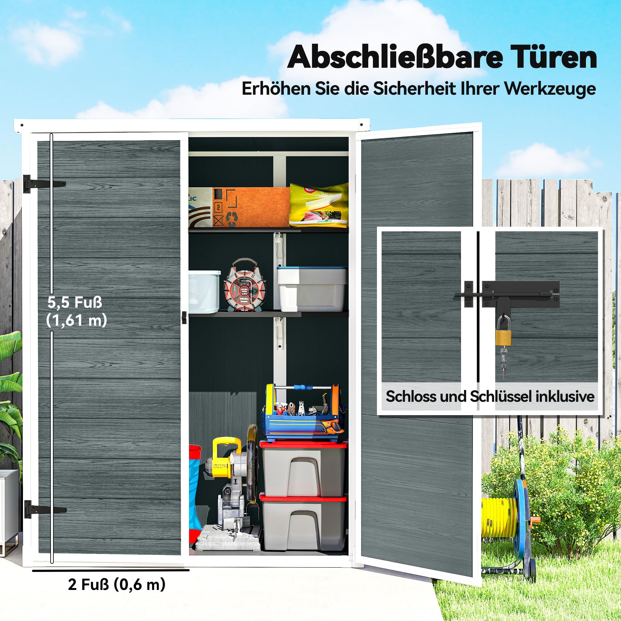 Outsunny Gerätehaus 0,8m², Geräteschuppen mit klappbar Regale, 134 x 68,5 x 170 cm, Kunststoff Gartenschuppen mit Schnell Aufbau Doppeltür Boden Schloss Handschuhe Gartenhaus für Werkzeuge