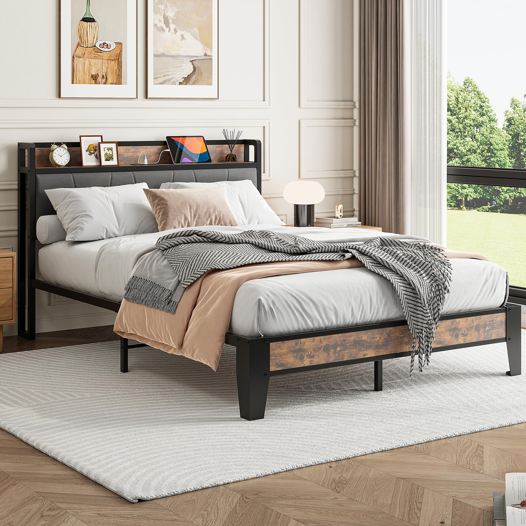 IRONCK Bett 140x200 mit Ladestation (2 AC-Steckdosen, USB-A, USB-C), Bettgestell mit Gepolstertem Kopfteil & Stauraum, Doppelbett für Schlafzimmer, Stabiles Metallbett in Retro Grau