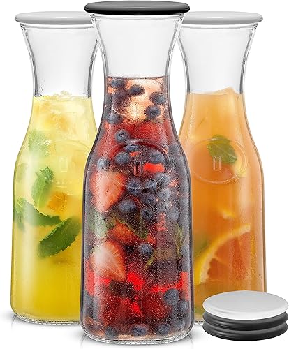 JoyJolt Glass Carafe with Lid, Set of 3 – 1 Liter Glass Pitcher for Mimosa Bar, Water, Iced Tea, Juice, Wine, Lemonade, Milk – Dishwasher Safe