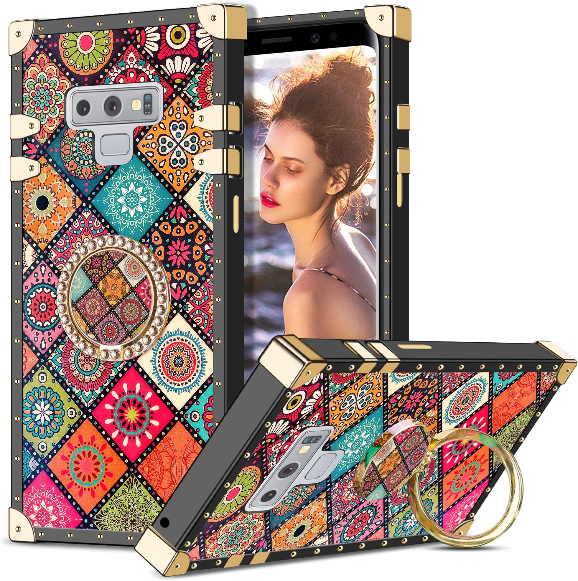Coolden for Samsung Note 9 Case with Ring Kickstand Shockproof Square Case for Women Girls Metal Decoration Corner Soft TPU Protective Case Phone Case Cover for Samsung Galaxy Note 9 (Sun Flower)