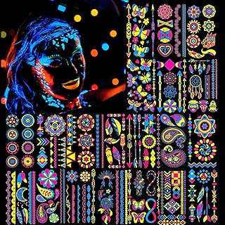 XINDY 20 Sheet Neon Temporary Tattoos, Glow Neon Tattoos, UV Black Light Neon Face Body Tattoos Flash Fake Tattoos Rave Festival Accessories for Women Glow in the Dark Party Supplies