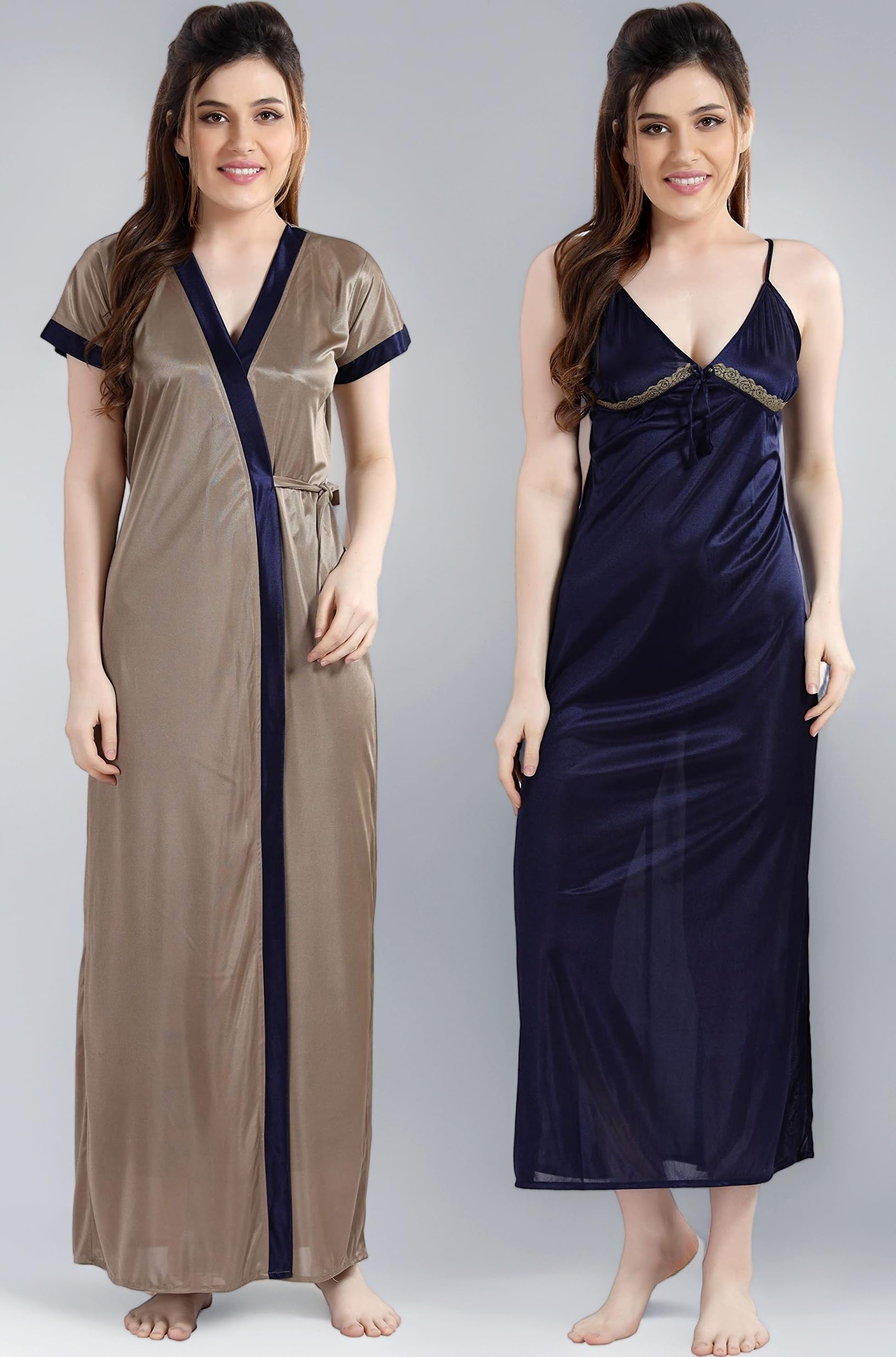 AV2 Women's Satin Solid Knee Length Nighty with Robe