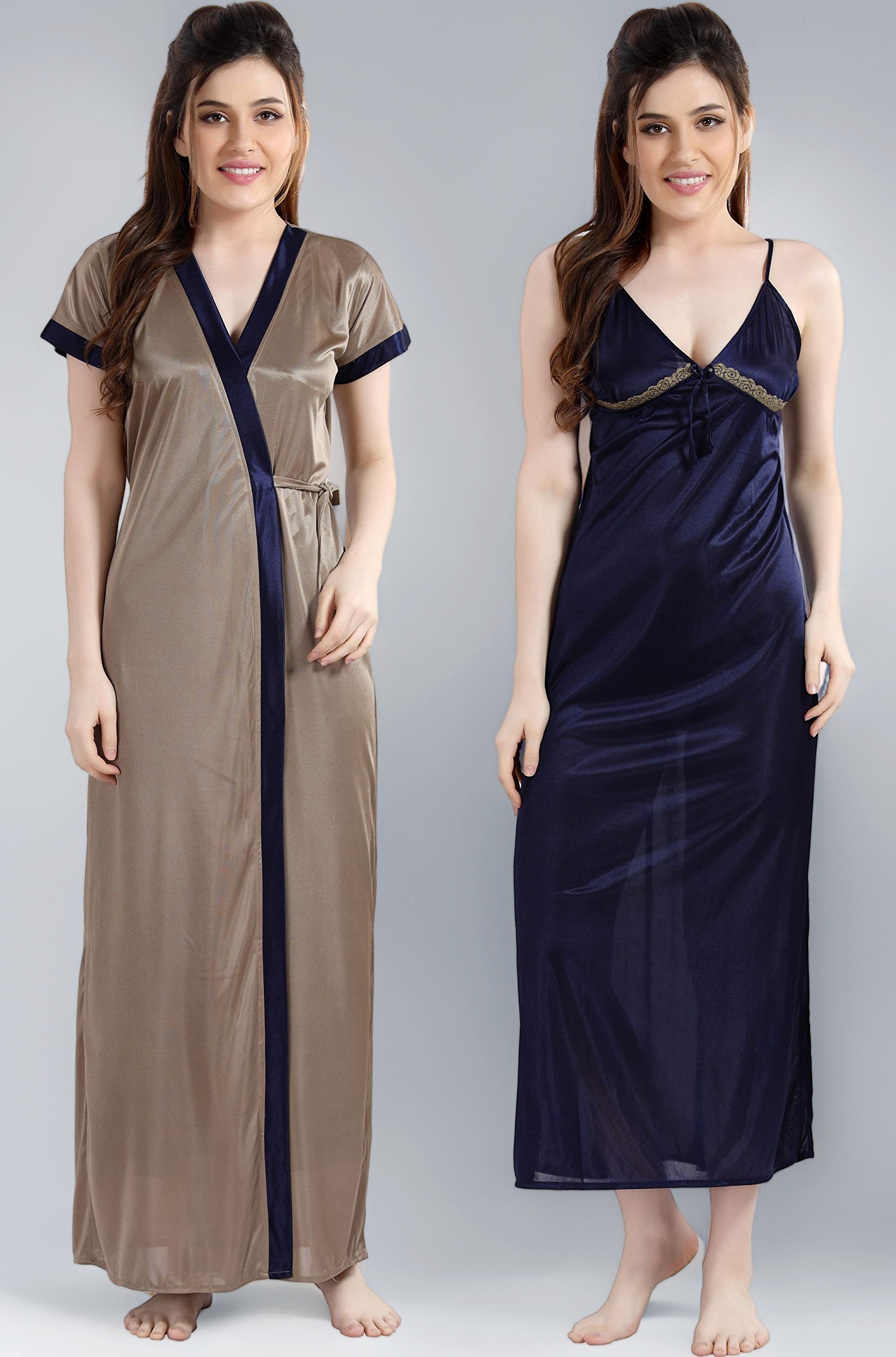 Women's Satin Solid Knee Length Nighty with Robe