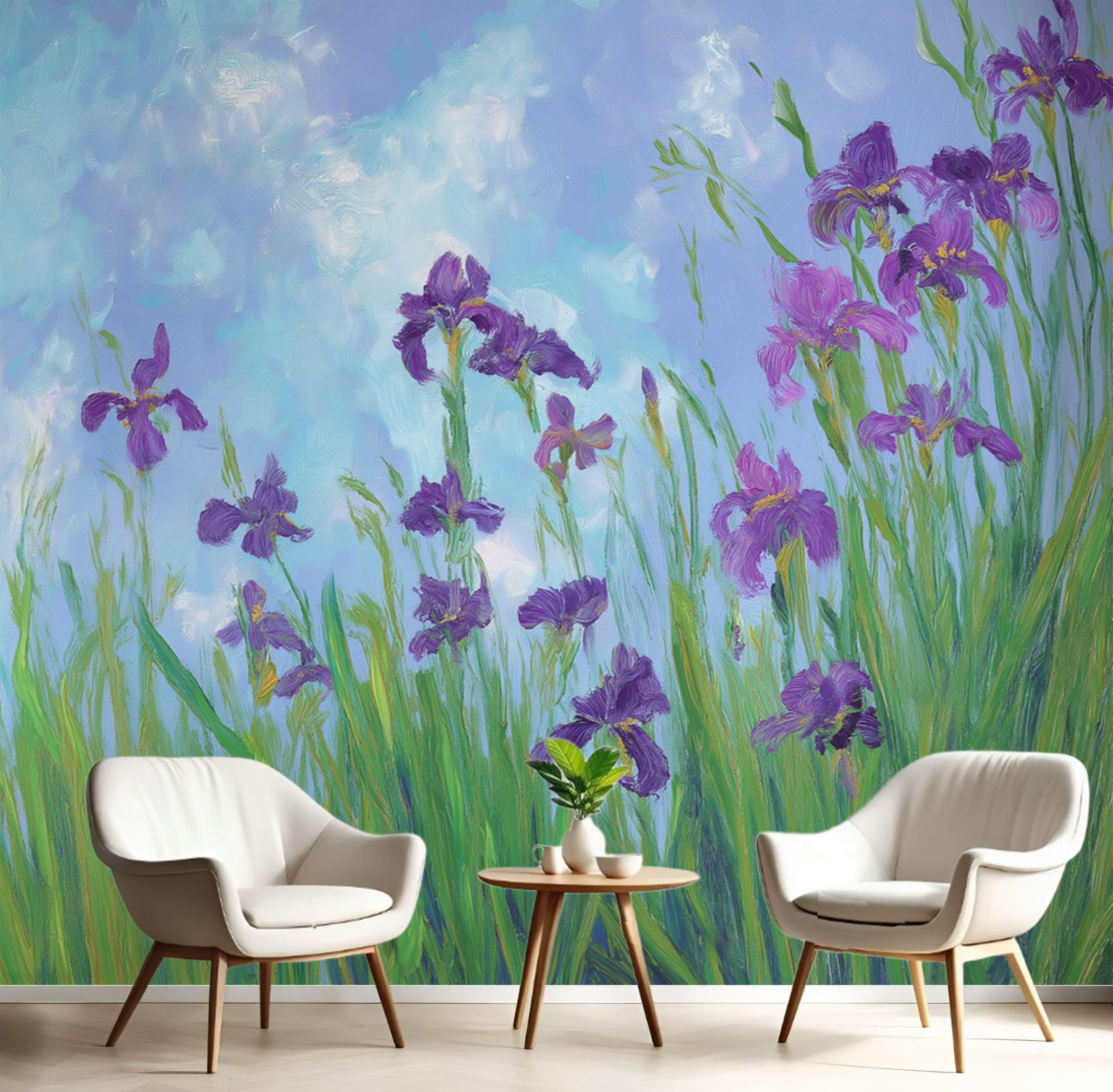 Fotomurales prado de iris 200x140cm para salon y dormitorio con efecto 3d pintura oleo vintage azul