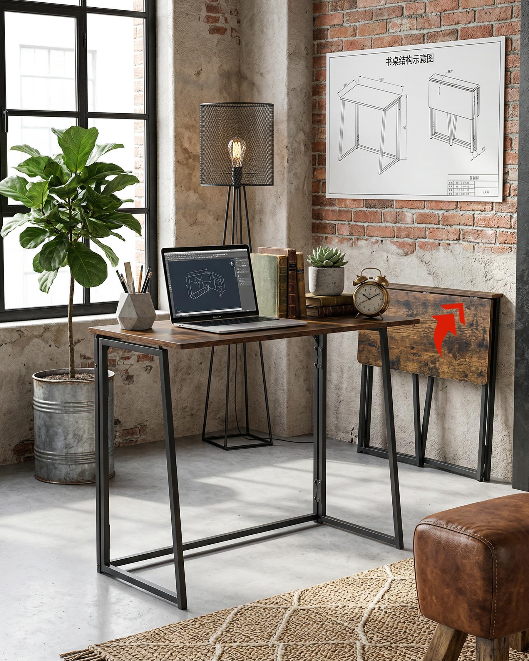 Scrivania pieghevole, 80 x 40 cm, effetto legno bruciato, facile da montare, piccola scrivania con telaio nero, perfetta per arredamento in stile industriale