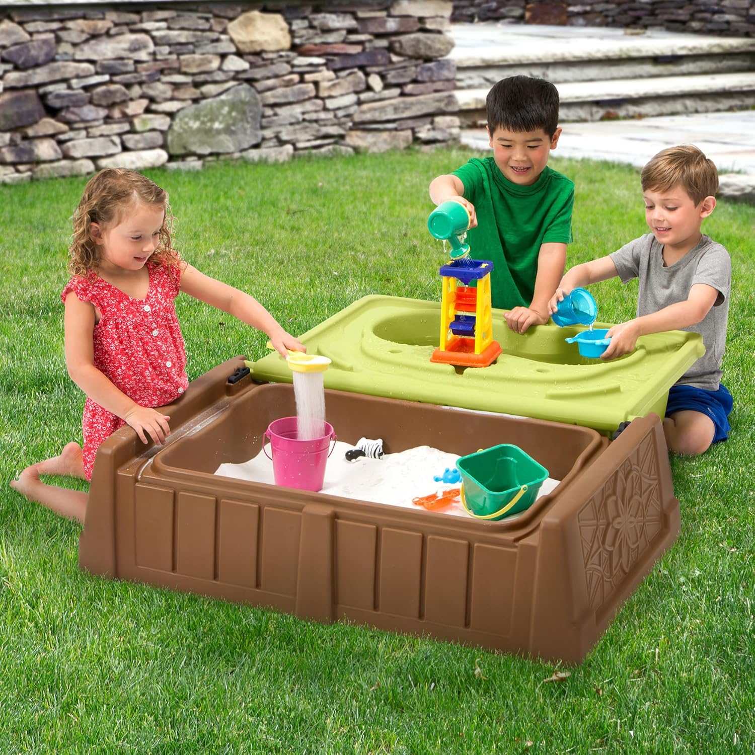 Simplay3 Sand and Water Kids Bench, 2-in-1 Sand and Water Table with Outdoor Storage Bench, Tan