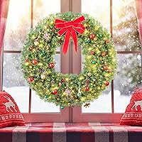 Vista 9 de Yaheetech 48in Large Artificial Christmas Wreath, Pre-lit Holiday Accent Decoration with Red Bow, 200 LED Lights & 720 PVC Tips, Metal Structure for