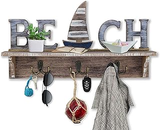 SAILINGSTORY Beach Wall Decor, Beach Sign Key Holder for Wall Mounted Coat Rack with Shelf, Beach Décor Nautical Décor Key...