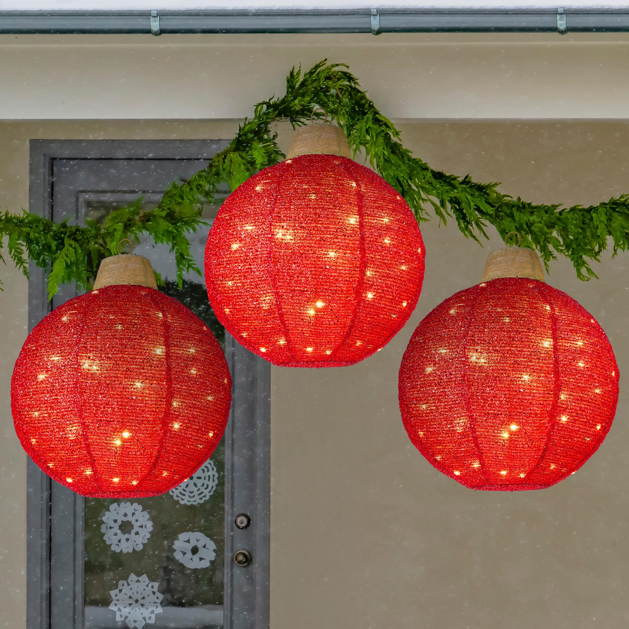 Best Choice Products 3pc Lighted Pop-Up Outdoor Hanging Christmas Ornament Set, Holiday Ball Decor, Battery LEDs, 8 Twinkling Light Functions - Red