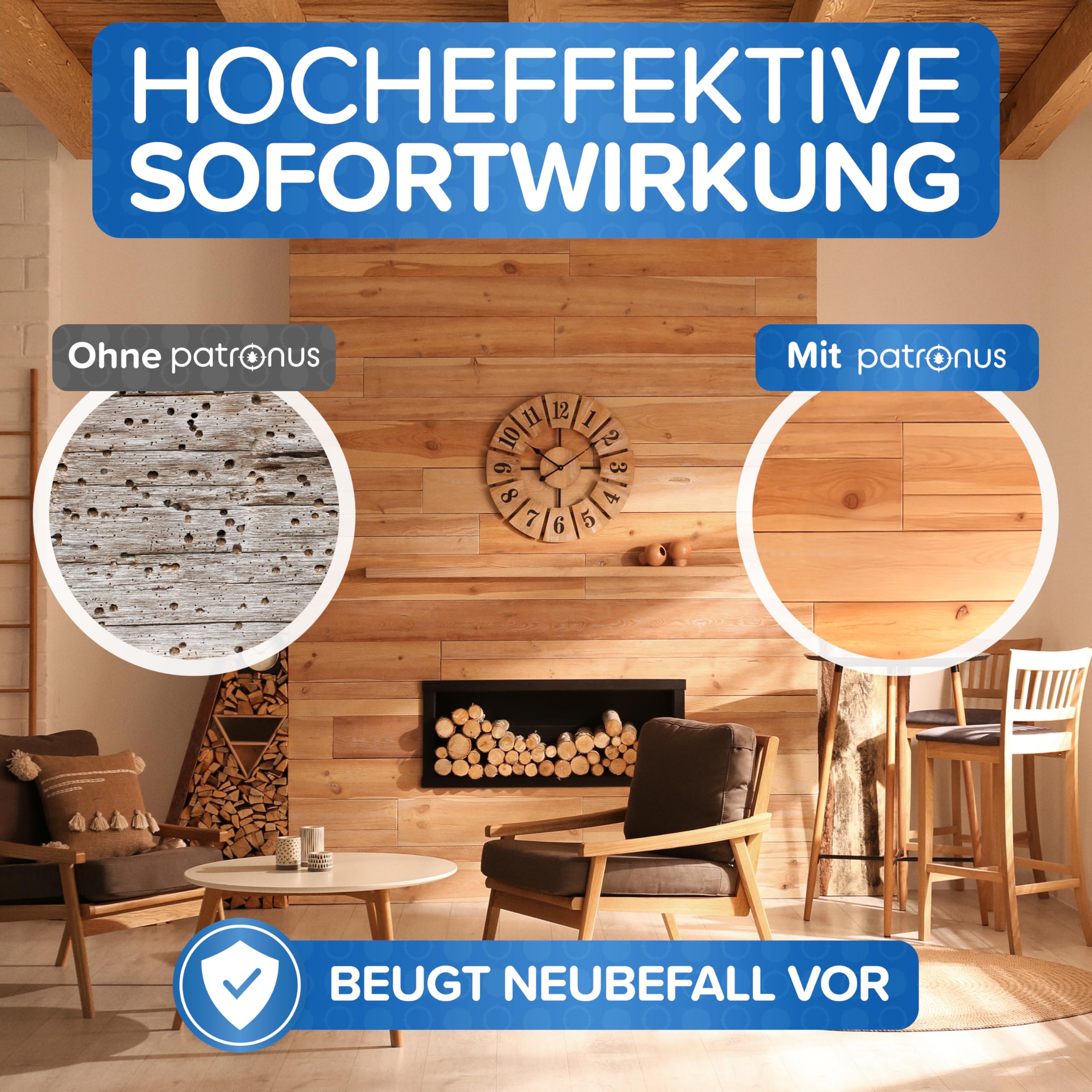 Patronus Holzwurm Spray [1000 ml] mit effektiver Sofortwirkung, starkes Abwehr-Mittel gegen Holzwürmer in Möbeln & Holz für innen & außen, hochwirksam & laborgeprüft - Zitrusduft