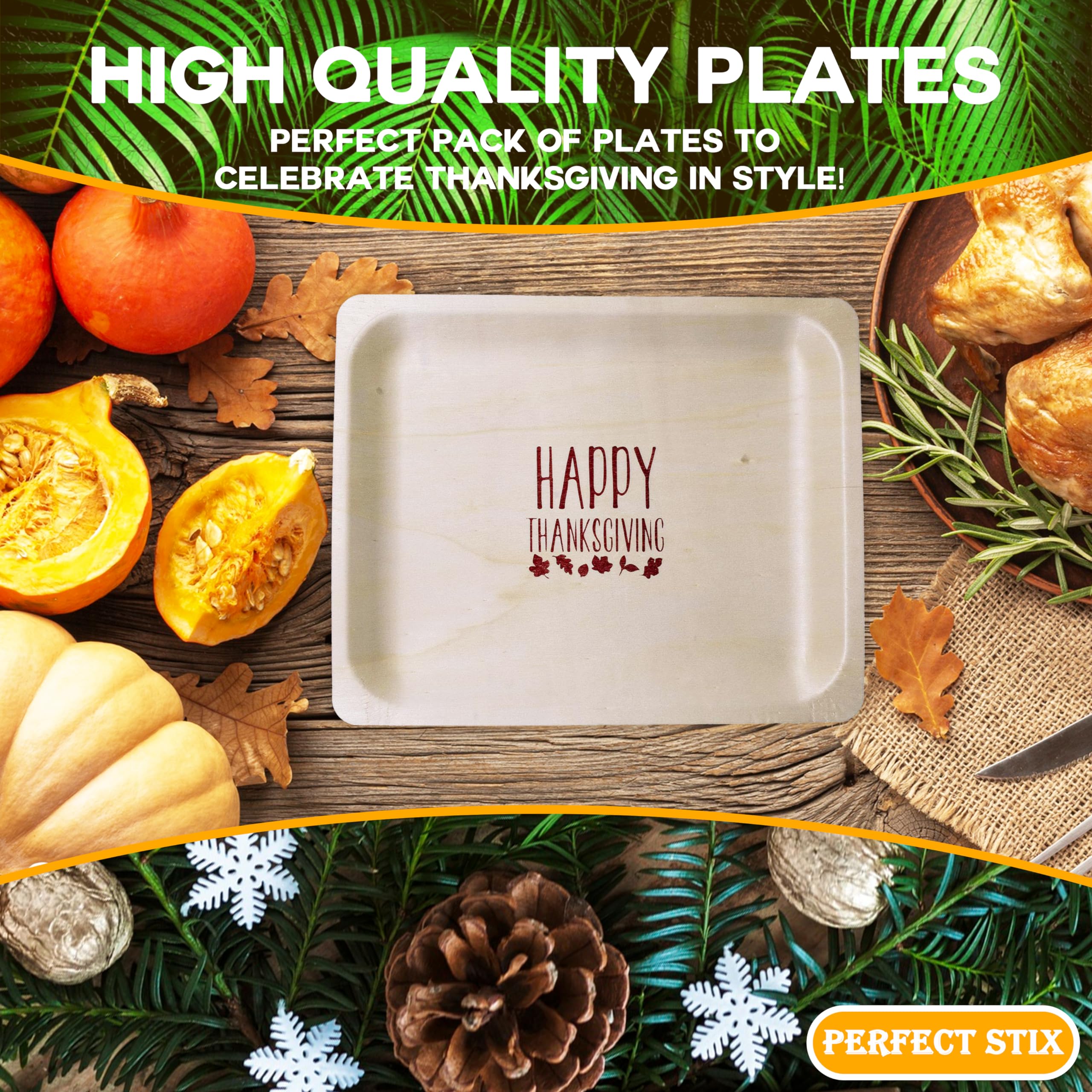 Perfect Stix Plato de madera desechable de 25,4 cm con impresión de Happy Thanksgiving – Paquete de 25 unidades