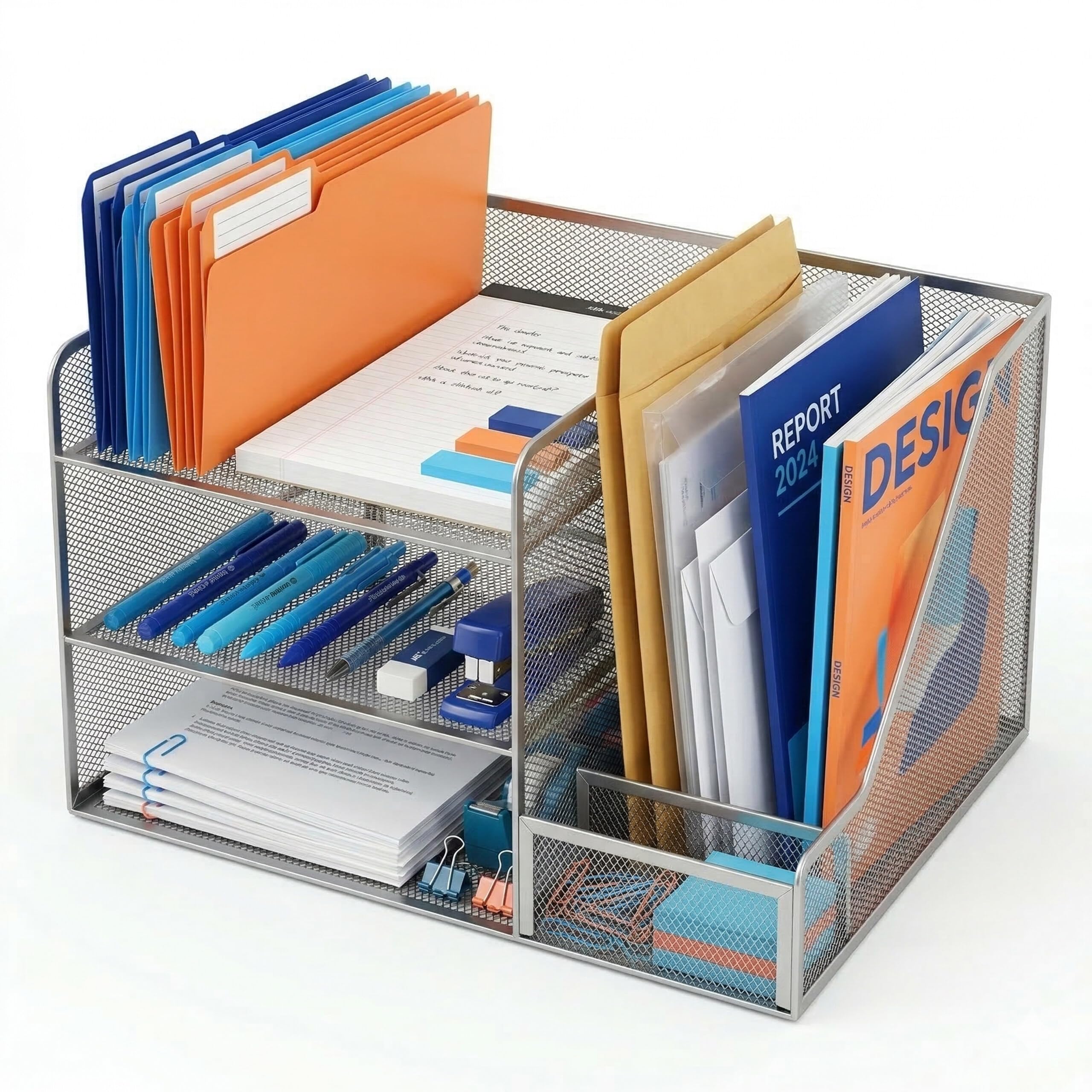 Relaxdays Desk Organiser, 5 slots, vertical folder holder, HWD: 23.5 x 37 x 30.5 cm, metal, silver