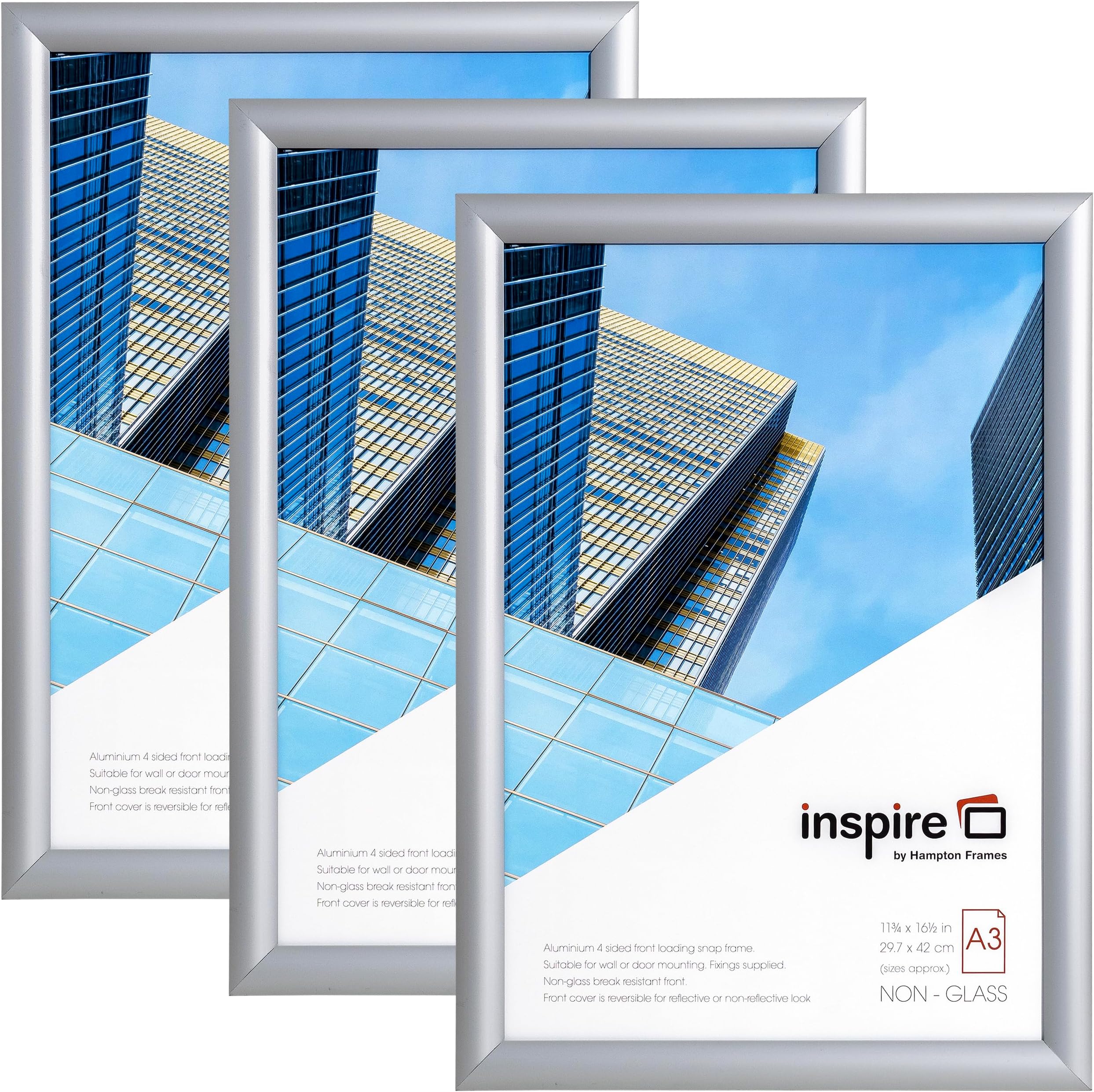 SNAP A3 (30x42cm) Silver Snap Pack of 3 Acrylic (Non Glass) Front IBH-SNAPA3S-3PK