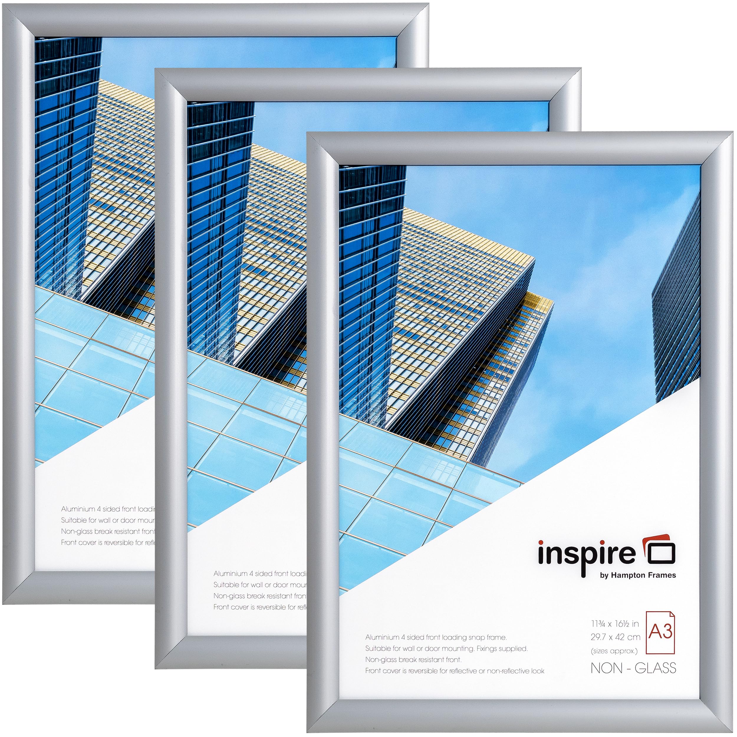 SNAP A3 (30x42cm) Silver Snap Pack of 3 Acrylic (Non Glass) Front IBH-SNAPA3S-3PK
