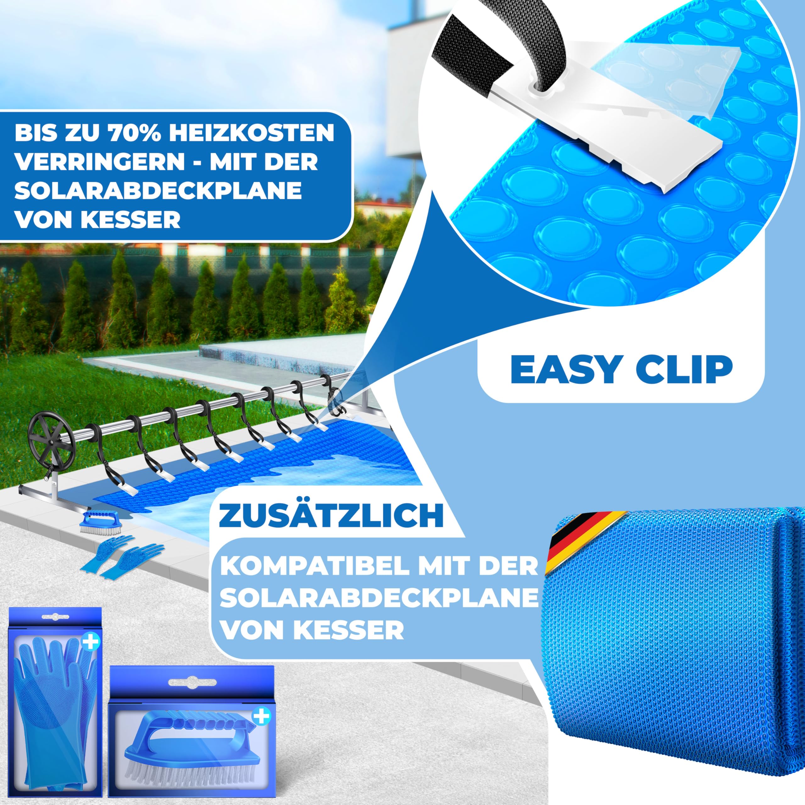KESSER® Pool Premium Aufrollsystem 3m - 5,70m | Mit Rädern | für Solarplane | mobiles Aufrollvorrichtung für Poolplane & Abdeckung | inkl. Bänder, Handschuhe & Bürste | witterungsbeständiges Material