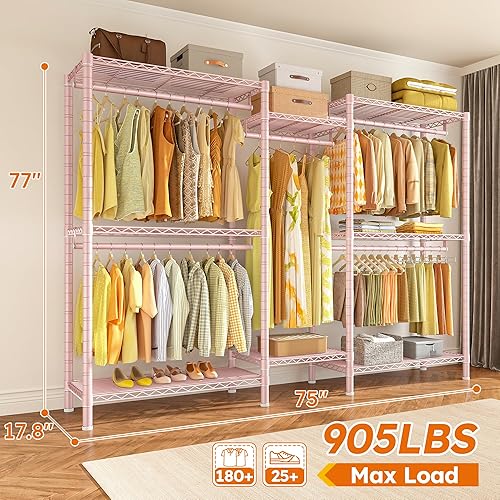 Miniatura 2 de Raybee Perchero de ropa resistente para colgar ropa, perchero ajustable con estantes, perchero con ruedas, carga máxima de 905 libras, 75 pulgadas