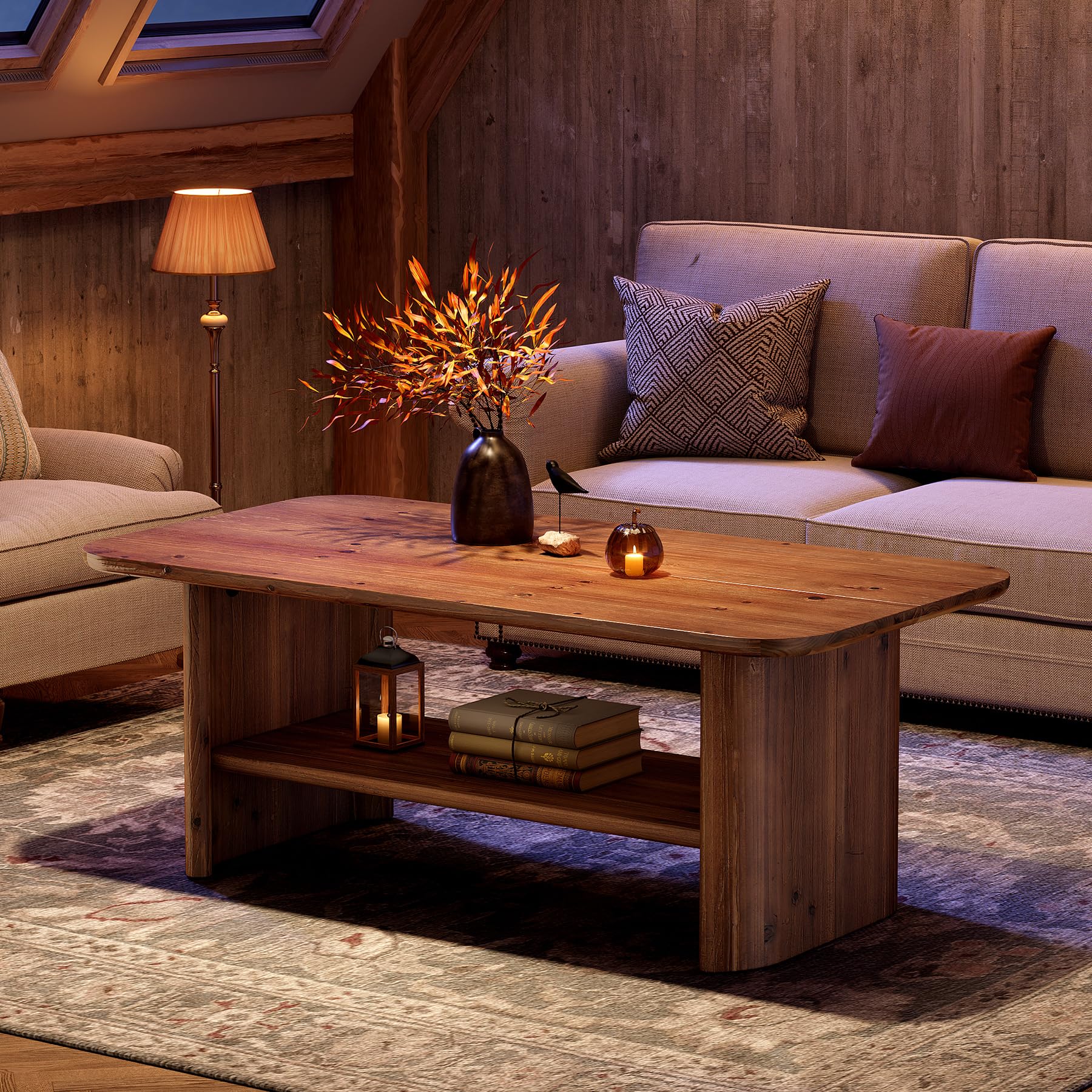 Mesa de Centro de Madera Maciza, Mesa de Centro Rectangular de 120 cm con Espacio de Almacenamiento, Mesita Auxiliar, Mesa de Té para Salón Oficina, Marrón