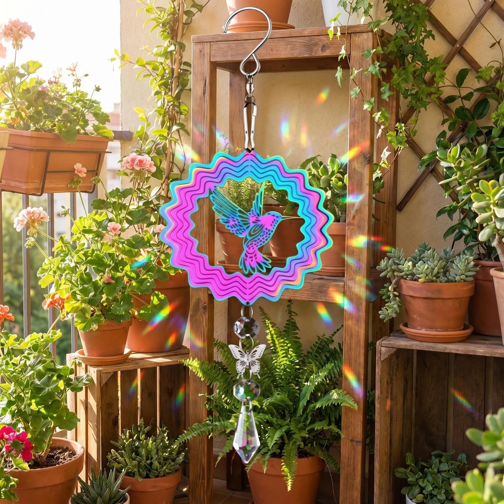 Durdiiy 3D Spiral Wind Chimes Gradient Colored Moon Angel Butterfly Wind Spinners for Outdoor Yard and Garden Decorations (Bird-color)