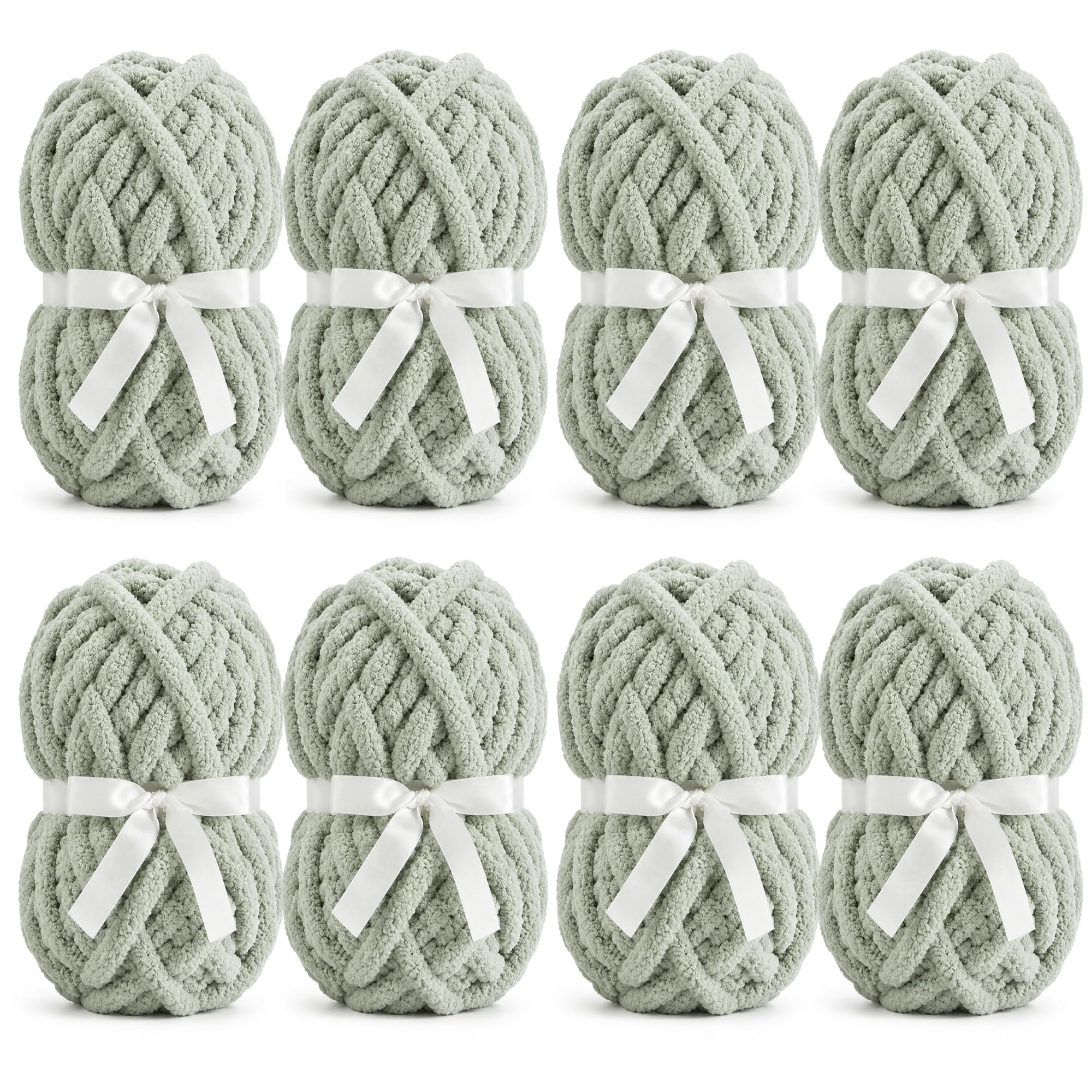 Chunky Chenille Yarn, Super Soft Fluffy Jumbo, 226g Skein, 24m Length, 2cm Diameter, for Hand Knitting and Crocheting, Blankets, Home Decor (8, Sage Green)