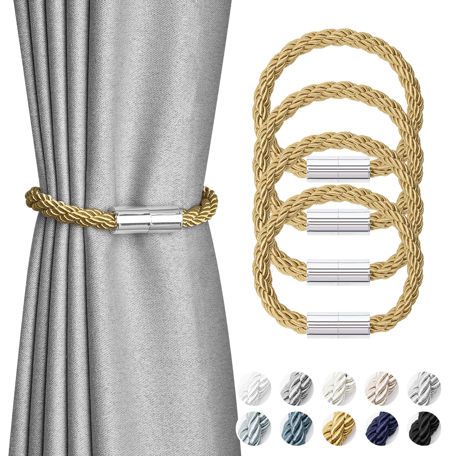 Oudini Gold Curtain Tiebacks, Drape Tie Backs Weave Rope Curtain Holdbacks For Home And Office Thin Window Draperies/Gold/4 Pack