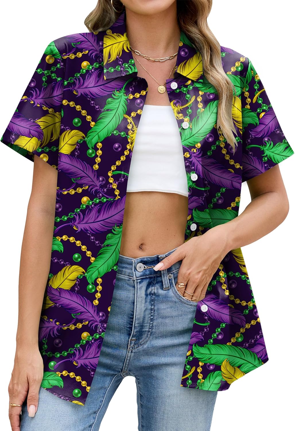 Fat Tuesday Shirts for Women Fat Tuesday Party Outfit Button Up New Orleans Themed Party Short Sleeve Tops