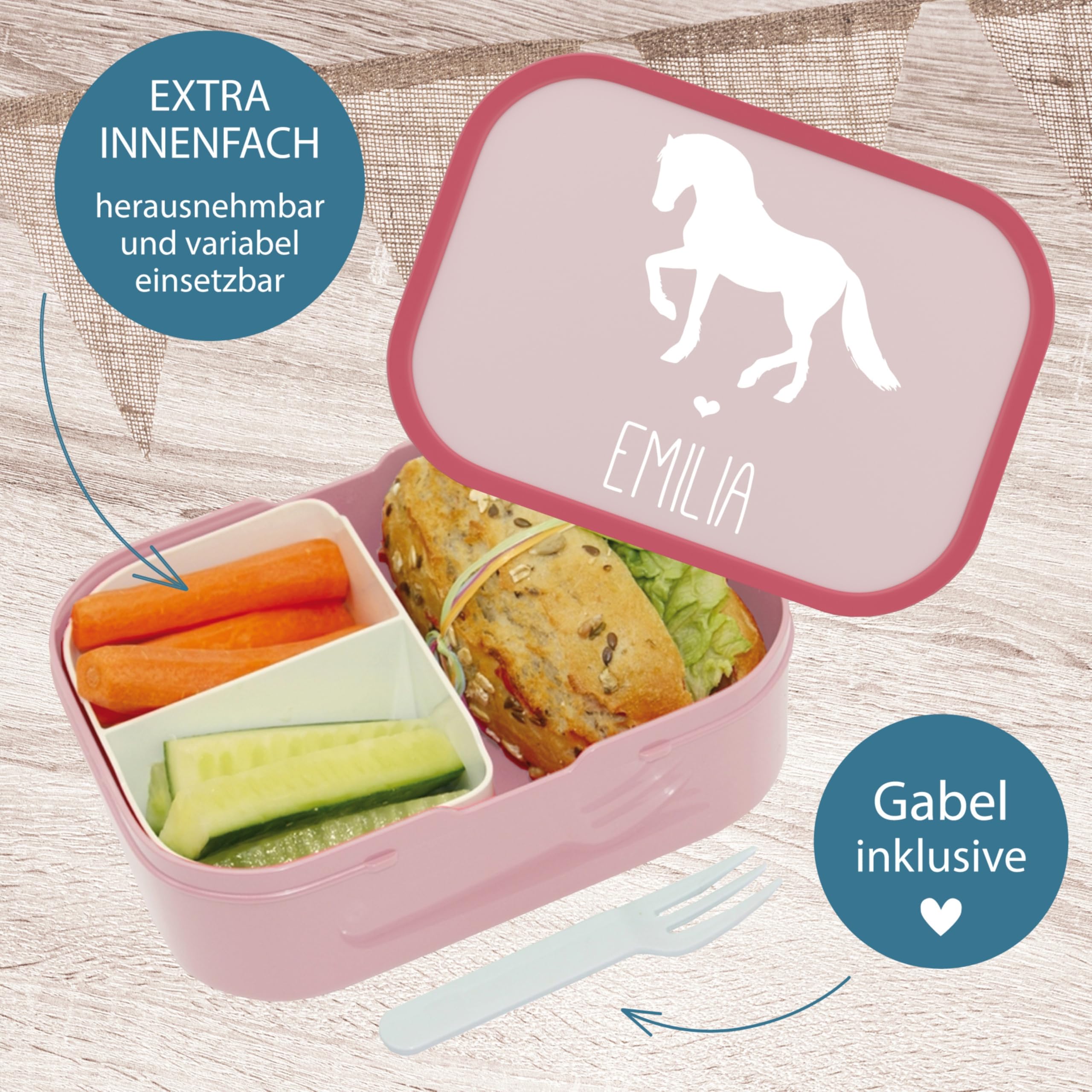 4youDesign Set: Pinke Brotdose & Trinkflasche -Pferd Silhouette- personalisiert mit Namen - inkl. Bento Box, Gabel & Pop-Up Flasche – Geschenk für Kinder (Cool Pink)