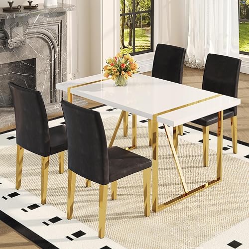 Miniatura 9 de Juego de mesa de comedor blanca de 55 pulgadas para 4, juego de mesa de comedor moderno para 4, mesa blanca brillante con sillas de piel sintética
