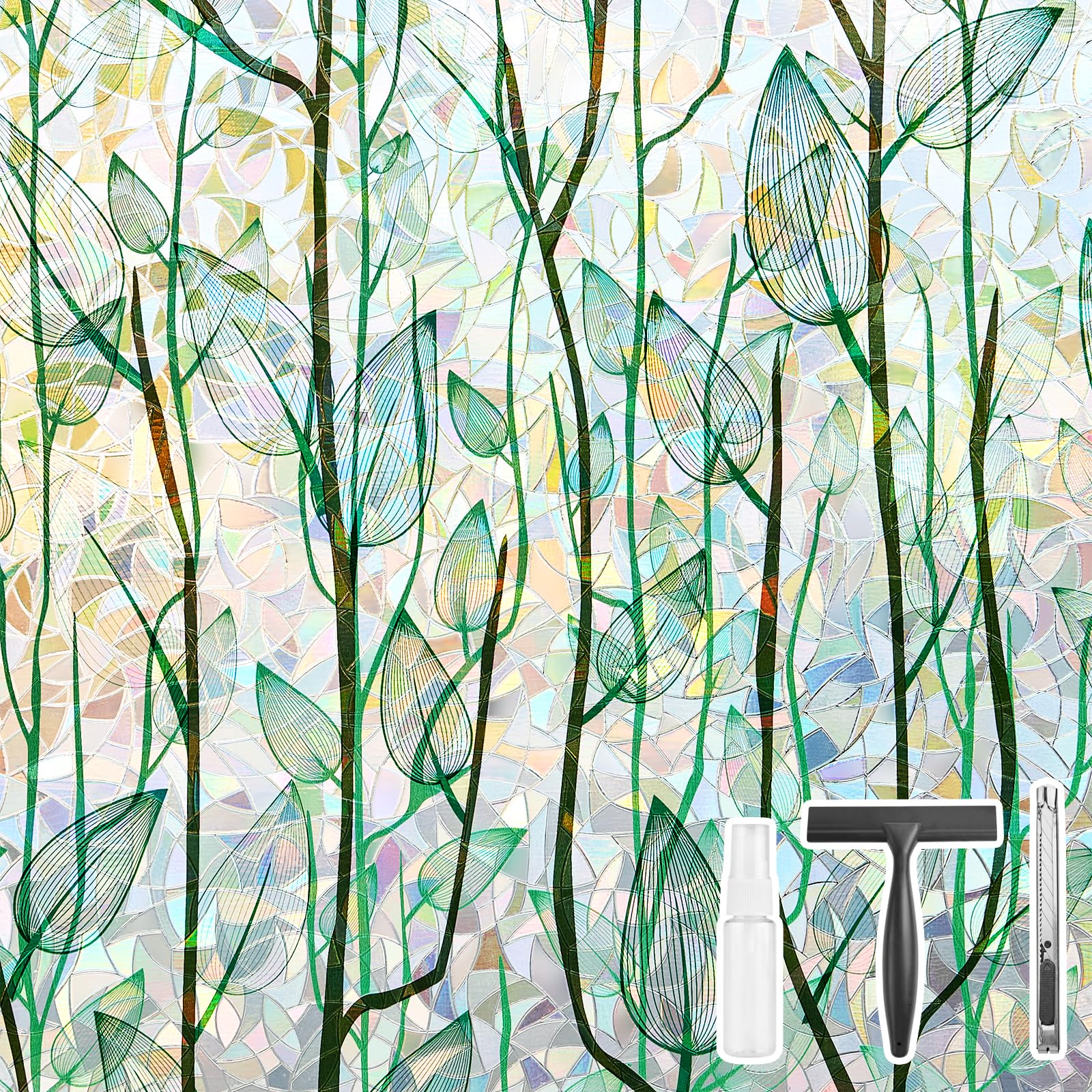 Finnez Window Privacy Film Window Film 3D No Glue Glass Sticker for Glass Door Home and Office Heat Control Anti UV (17.5 Inch x 13.1 Feet, Rainbow Grove)