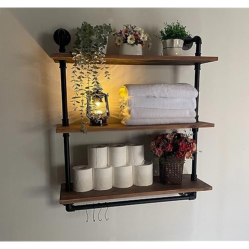 ROGMARS Industrial Floating Pipe Wall Shelves with Towel Rack,30 in Industrial Pipe Shelving Rustic Wine Hanging Display Rack Storage Shelve Wall Mounted for Living Room,Bathroom,Kitchen