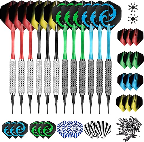 CareGames Juego de 12 dardos suaves con varillas de plástico de 4 colores, vuelos adicionales, puntos y protectores de vuelo