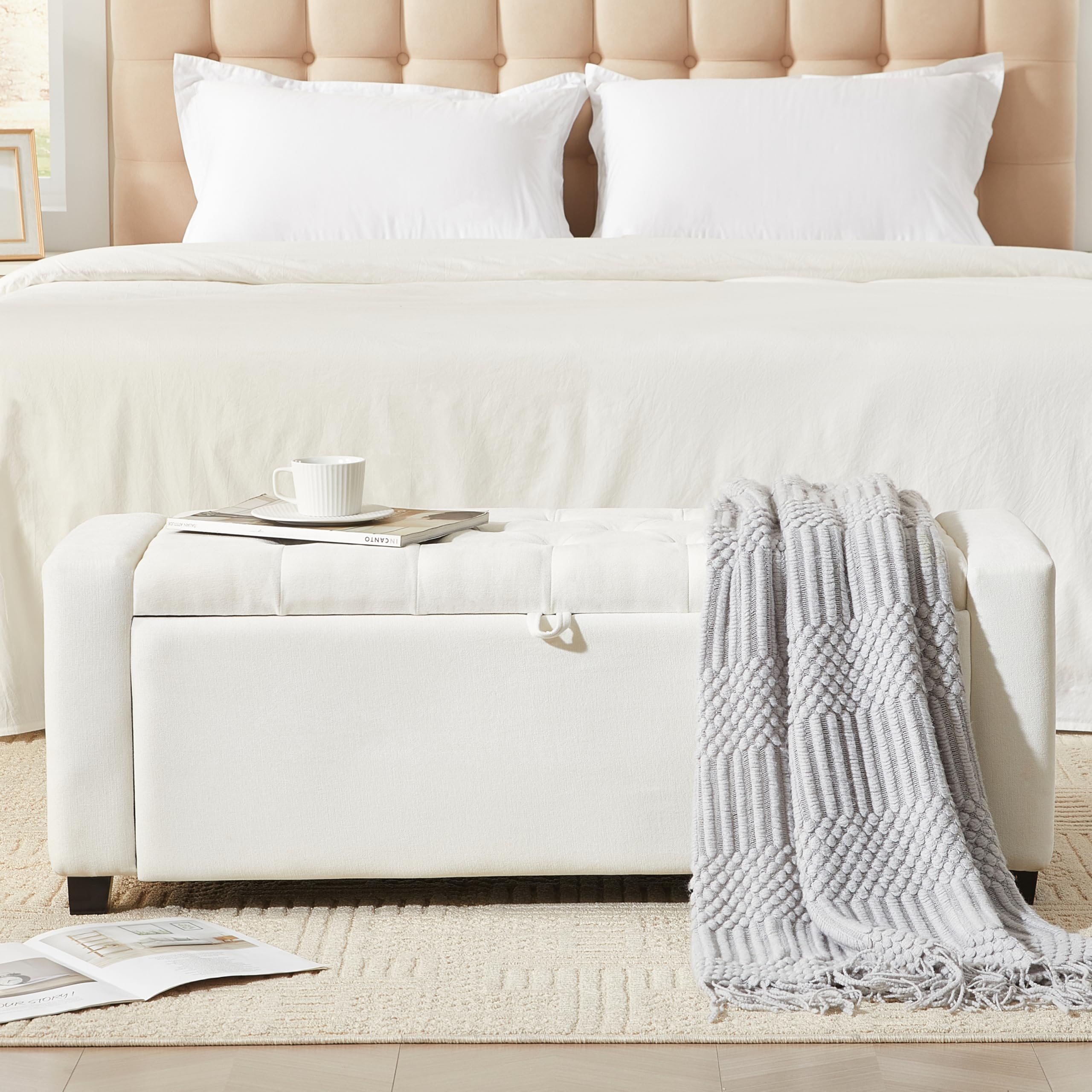 Storage Ottoman Bench for Bedroom End of Bed, Upholstered Tufted Bench Foot Rest for Living Room,Rectangular Entryway Shoe Bench with Storage for Hallway,Linen Beige